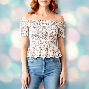 American Eagle Women’s Smocked Off Shoulder Boho Floral Blouse Shirt Top Size S